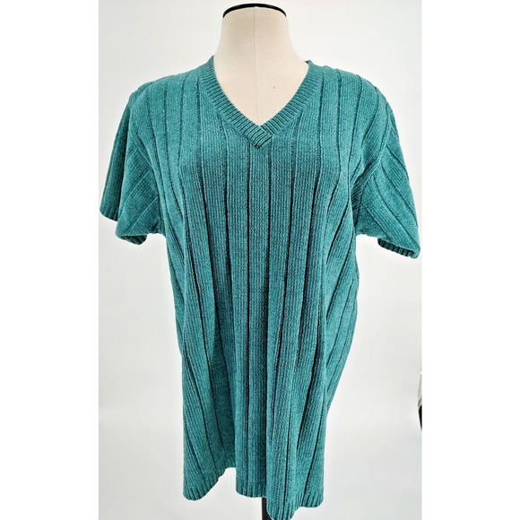 Denim & Co. Sweaters - Denim & Co. NEW Woman Teal Green Pullover Sweater Size Large Short Sleeve Cable